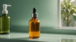 Flacon compte-gouttes en verre ambré posé sur une tablette de salle de bain, une goutte de sérum translucide perlant au bout de la pipette