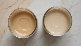 Deux pots de crème teintée ouverts côte à côte, vus de dessus sur un plan de marbre clair veiné, celui de gauche d'un beige plus soutenu que celui de droite