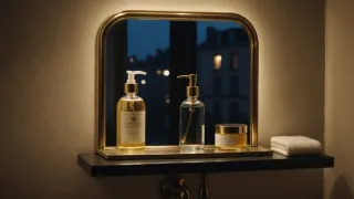 Coton lavable et flacon d'huile démaquillante sur une tablette de miroir éclairée par une lampe chaude, soirée d'hiver derrière la fenêtre