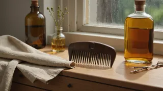 Peigne en bois à dents larges posé sur une commode en chêne clair, entre une serviette de lin écru et deux flacons d'huile végétale ambrée, devant une fenêtre