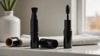 Deux tubes de mascara noirs ouverts, goupillons sortis, posés sur un plan de toilette clair près d'une serviette pliée et d'une fenêtre