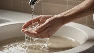 Mains en coupe recueillant l'eau d'un robinet au-dessus d'une vasque blanche, carrelage beige en fond et lumière douce