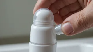 Gros plan sur une main qui ôte le capuchon transparent d'un déodorant à bille blanc, au-dessus d'un lavabo, dans une lumière douce de salle de bain