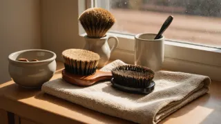 Trois brosses à poils naturels, dont deux posées sur une serviette éponge beige pliée, un peigne dans un mug et un petit pot en céramique, sur un meuble en bois clair devant une fenêtre en fin d'après-midi