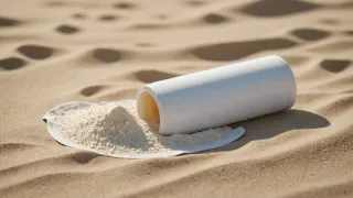 Tube de crème solaire blanc posé à plat sur une serviette éponge claire, à côté d'une noisette de crème étalée au doigt, en pleine lumière d'été