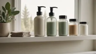 Flacons pompe et pots de cosmétiques sans étiquette alignés sur une tablette de salle de bain devant une fenêtre, serviettes pliées et plante verte à côté