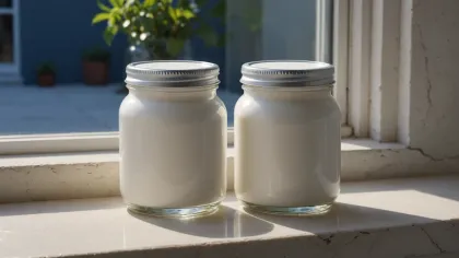 Deux pots de crème blanche identiques à couvercle métallique, posés côte à côte sur un appui de fenêtre en pierre claire, l'un en plein soleil, l'autre dans l'ombre