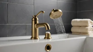 Pommeau de douche en laiton laissant couler un filet d'eau devant un carrelage blanc à joints gris, serviette écrue pliée sur un tabouret en bois