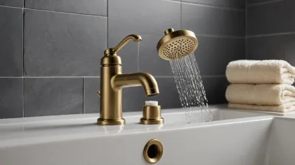 Pommeau de douche en laiton laissant couler un filet d'eau devant un carrelage blanc à joints gris, serviette écrue pliée sur un tabouret en bois