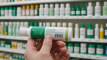 Main tenant un tube de crème sans marque devant un rayon d'hygiène, étiquette tournée vers l'objectif et flacons alignés en arrière-plan