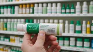 Main tenant un tube de crème sans marque devant un rayon d'hygiène, étiquette tournée vers l'objectif et flacons alignés en arrière-plan