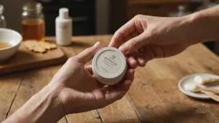 Gros plan sur le dos d'un tube de crème tenu entre deux mains au-dessus d'une table en bois, liste d'ingrédients floutée tournée vers l'objectif