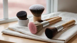 Plusieurs pinceaux de maquillage propres posés en éventail sur une serviette blanche, sur une tablette de bois clair près d'une fenêtre, le matin