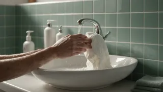 Main rinçant un linge blanc au-dessus d'une vasque de salle d'eau, flacons pompe sans étiquette et carrelage vert d'eau derrière