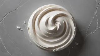 Tourbillon de crème blanche épaisse vu de dessus sur une dalle de marbre gris veiné, éclairé par une lumière douce venue de la gauche