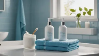 Plan de travail de salle de bain baigné de lumière matinale, avec un flacon pompe, un pot de crème ouvert et une serviette pliée