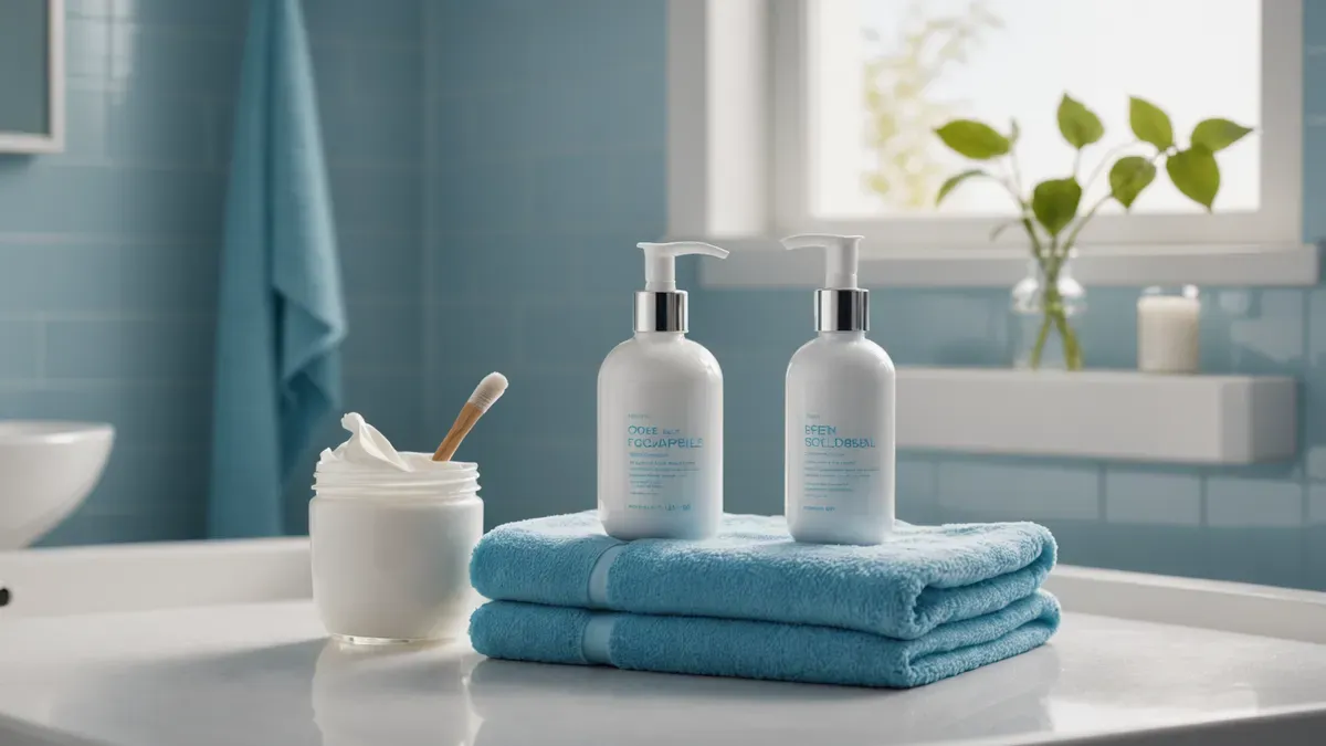 Plan de travail de salle de bain baigné de lumière matinale, avec un flacon pompe, un pot de crème ouvert et une serviette pliée