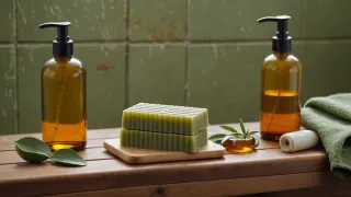 Pain de savon posé sur un porte-savon en bois à côté d'un flacon de gel douche ambré, sur le rebord d'une baignoire ancienne